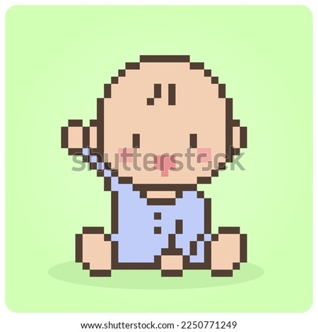 8-bit pixel baby is sitting. Cute baby vector illustration