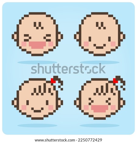 8-bit pixel baby head. Facial vector illustration of the baby's expression