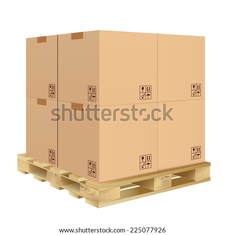 Brown closed carton delivery packaging box with fragile signs on wooden pallet isolated on white background vector illustration. Royalty-Free Stock Photo #225077926