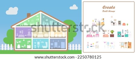 Doll House in cross section with eight place for furniture. Furniture for different rooms. Kitchen, bathroom, bedroom, living room. Doll house interior concept. Vector illustration. Cartoon flat style