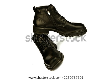 Men's black shoes.demi - season shoes . classic black leather lace-up shoes.women's shoes.summer beauty. on a white isolated background. high heels.Close-up.A place for copying text