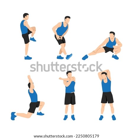 Workout man set. Man doing fitness exercises. Full body stretching. Warming up and stretch. Flat vector illustration isolated on white background Royalty-Free Stock Photo #2250805179