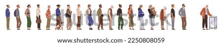 People waiting in line to vote at election. Citizens stand in queue signing for petition with signatures. Vector artwork depicts protest, registration, and declaration. Election day various voters Royalty-Free Stock Photo #2250808059