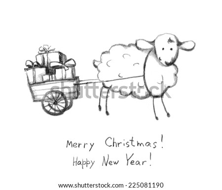 Christmas sheep and sledge with gift box. Pencil painted sketch. Xmas greeting card
