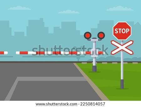 Closed railroad barriers at a rural railway crossing. Stop and wait for the train to cross, don't try to race across the track before the train approaches. Flat vector illustration template.