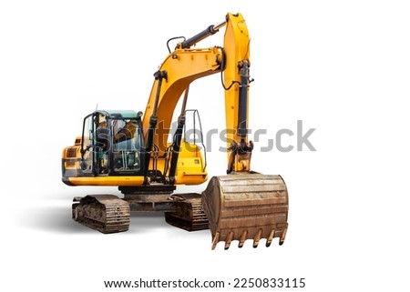 Crawler excavator isolated on white background. Powerful excavator with an extended bucket close-up. Construction equipment for earthworks. element for design Royalty-Free Stock Photo #2250833115