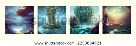 A surreal landscape with abstract trees clouds melting islands off ground. Vector illustration, set four posters. Dreamy surreal fantasy landscape, lush vegetation flowers, pastel colors  Royalty-Free Stock Photo #2250834921