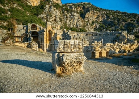 Ruins of the ancient city of Myra in Demre, Turkey. Ancient tombs and amphitheater.
