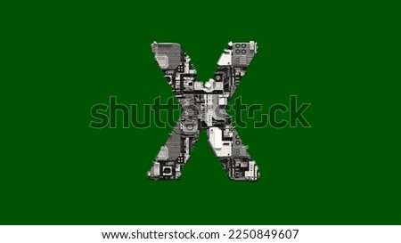 letter X - cyber scrap metal alphabet on green screen, isolated - object 3D rendering