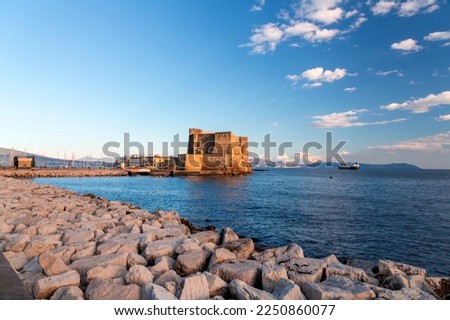 Castel dell'Ovo, lietrally, the Egg Castle is a seafront castle in Naples, located on the former island of Megaride, now a peninsula, on the Gulf of Naples in Italy. Royalty-Free Stock Photo #2250860077