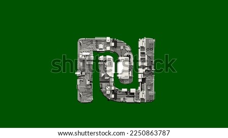 shekel sign - cyber metal scrap alphabet on green screen, isolated - object 3D rendering