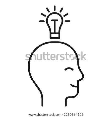 Head profile with lamp, think idea mind, line icon. Face with lightbulb. Smart idea lamp symbol. Control of mind, positive thinking and inspiration, psychology. Vector illustration