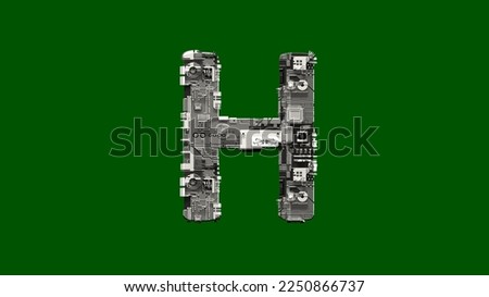letter H - cyber scrap metal alphabet on green screen, isolated - object 3D rendering