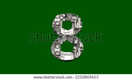 number 8 - cyber metal scrap font on green screen, isolated - object 3D illustration