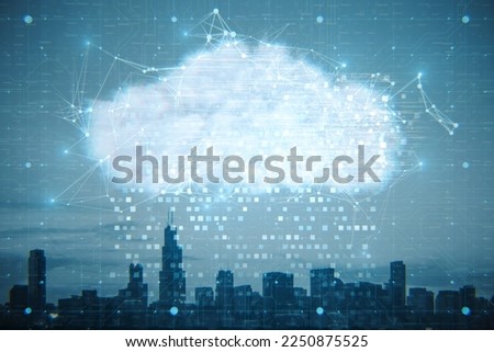 Digital glowing polygonal cloud mesh on blurry city sky background. Storage technology concepts transfer data to cloud computing platforms. Double exposure