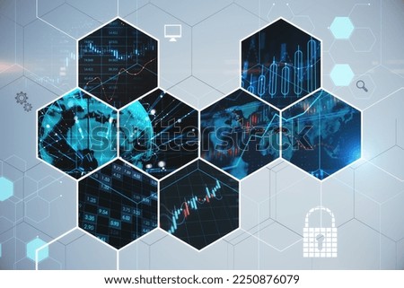 Creative business hexagons with different digital work concepts on blurry wallpaper. Double exposure