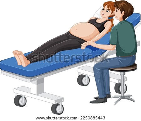 Pregnant woman lying on hospital bed and husband illustration