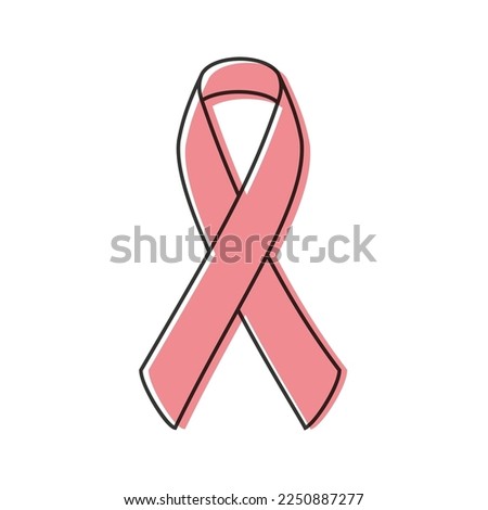 Awareness ribbon. Black outline. Pink color. Breast cancer. Vector illustration, flat design