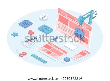 Web ui ux design. Creation of the user interface for a mobile application, tablet and monitor screen. Vector illustration in 3d design. Isometric web banner.	
