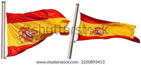 Close-up of two spanish flags (la Rojigualda) hanging on the flagpole, isolated on white background. Spain Square (Plaza de Espana), Madrid downtown, Spain, southern Europe.
