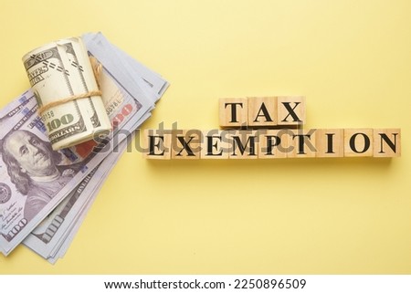 Flatlay picture of wooden block written Tax Exemption with fake money insight
