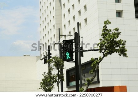 Traffic light for pedestrians on city street. Road rules