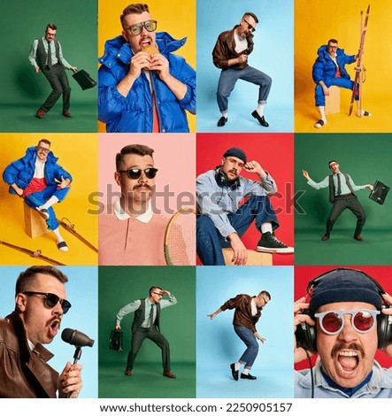 Collage. Portraits of young emotional man posing in different clothes over multicolored background. Work, vacation, sport, fun. Concept of emotions, facial expresion, youth, lifestyle.
