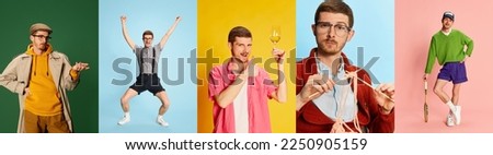 Collage made of different portraits of young emotive man poing in various clothes over multicolored background. Fashion and retro style. Concept of emotions, facial expresion, youth, lifestyle.