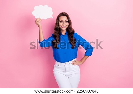 Photo of gorgeous adorable stylish lady wear blue trendy clothes hold card empty space creative thoughts isolated on pink color background
