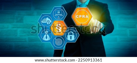 Unrecognizable business manager adding a CPRA icon to a corporate compliance solution. Business and information technology metaphor for the California Privacy Rights Act, protection of consumer data.
