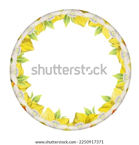 Watercolor hand drawn circle wreath with spring flowers, daffodils, crocus, snowdrops, leaves. Isolated on white background. Design for invitations, wedding, greeting cards, wallpaper, print, textile
