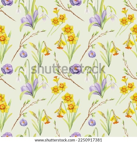 Watercolor hand drawn seamless pattern with spring flowers, daffodils, crocus, snowdrops. Isolated on white background Design for invitations, wedding, greeting cards, wallpaper, print, textile