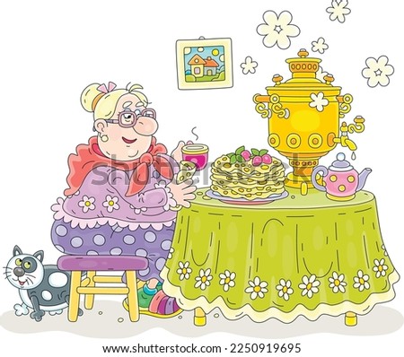 Funny chubby housewife and a merry cat sitting at their kitchen table with a beautiful tablecloth, a teapot and a hot samovar and drinking tea with tasty freshly baked pancakes, vector cartoon