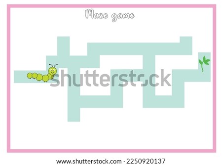 Educational simple maze game for preschool children. Caterpillar find leaf. Cartoon Vector illustration.