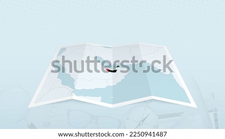 Map of United Arab Emirates with the flag of United Arab Emirates in the contour of the map on a trip abstract backdrop. Travel illustration.