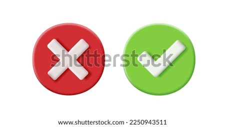 3D icon of a cross and a check mark in a circle, green and red color. Approved, rejected, true, false. Signs on a white background.