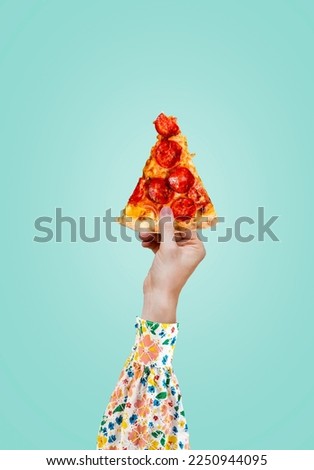 Modern food poster. Woman holding a piece of salami pepperoni pizza. Modern food concept. Advertising, marketing and business. Poster, illustration with a slice of pizza.
