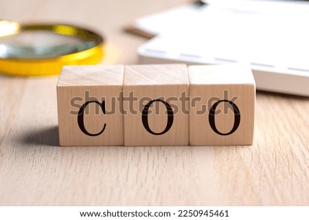 COO on a wooden cubes with magnifier and calculator, financial concept background