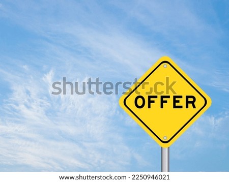 Yellow transportation sign with word offer on blue color sky background