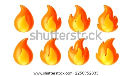 3d fire flame icons set isolated on white background. Render sprite of fire emoji, energy and power concept. 3d cartoon simple vector illustration Royalty-Free Stock Photo #2250952833