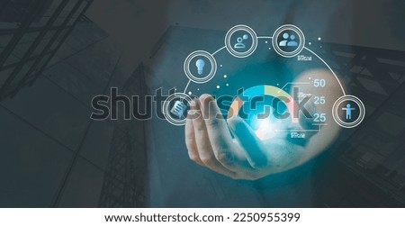 Analyst working with Business Analytics and Data Management System on computer, make a report with KPI and metrics connected to database. Corporate strategy for finance, operations, sales, marketing.