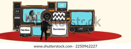 Contemporary art collage. Set of retro TV screens showing social news. Fake information. Banner. Concept of creativity, mass media influence, discrimination, lgbt, human rights, freedom. Retro design