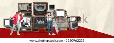 Contemporary art collage. Conceptual design. Set of retro TV and computer screens showing fake news. Journalism and propaganda. Concept of creativity, mass media influence, information. Retro design