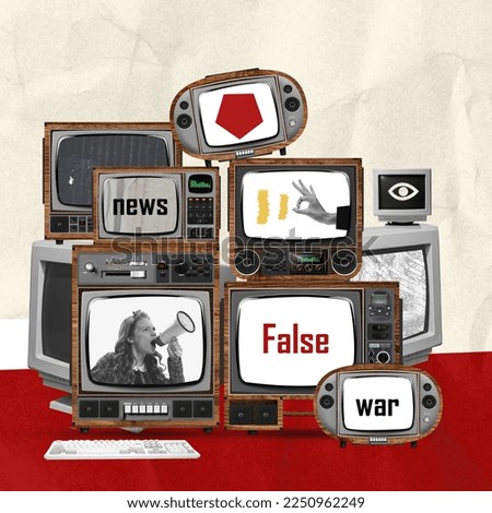 Contemporary art collage. Conceptual design. Set of retro TV screen showing fake news about war. Propaganda and disinformation. Concept of creativity, mass media influence, information. Retro design