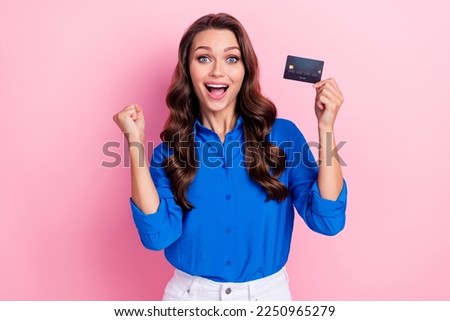 Photo of elegant gorgeous lady wear blue trendy clothes win lottery get transactions luxury life isolated on pink color background