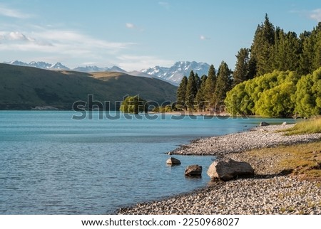The tree lined banks of Lake Tekapo in the South Island of New Zealand with snow capped mountains in the background
