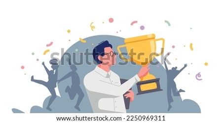 Award gala celebration where a man received the trophy and people are celebrating in the background. Confetti falls from the sky. Win the gold trophy for the first place. Employee of the year. Royalty-Free Stock Photo #2250969311