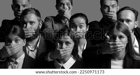 Keep silence. Black and white portraits of young people with hands close their mouth and do not allow to speak. Human rights, freedom speech, censorship and social issues concept. Royalty-Free Stock Photo #2250971173