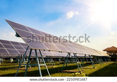Solar panel renewable energy clean energy green energy photovoltaic large scale solar panel power station provides supply power to urban, industrial and agricultural sectors and households. Royalty-Free Stock Photo #2250981687