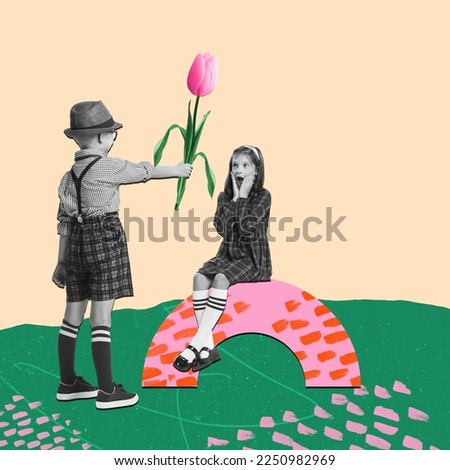 Creative colorful design. Modern art collage. Little boy, child giving flower to little girl. Beautiful cute children. Concept of holiday, women's day, beauty. Copy space for ad